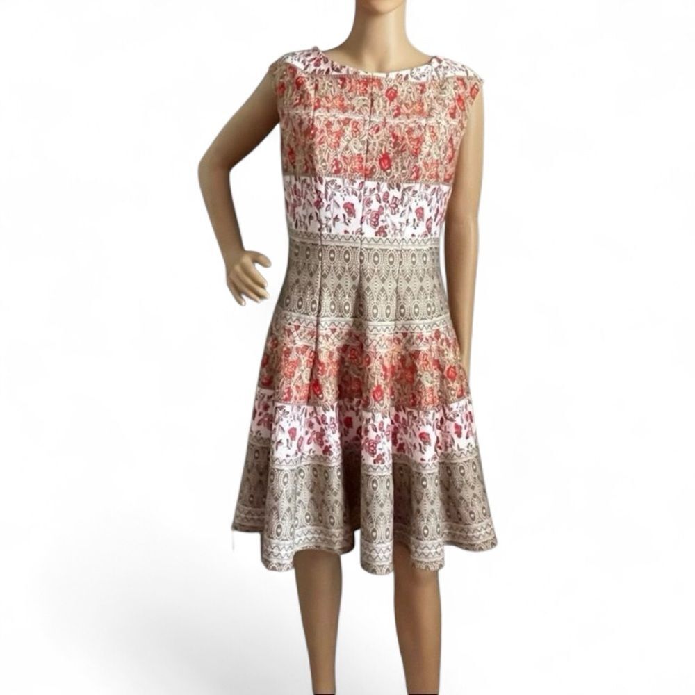 Julian Taylor Fit & Flare Printed Dress Tan Red Floral Sleeveless Polyester Sz 8